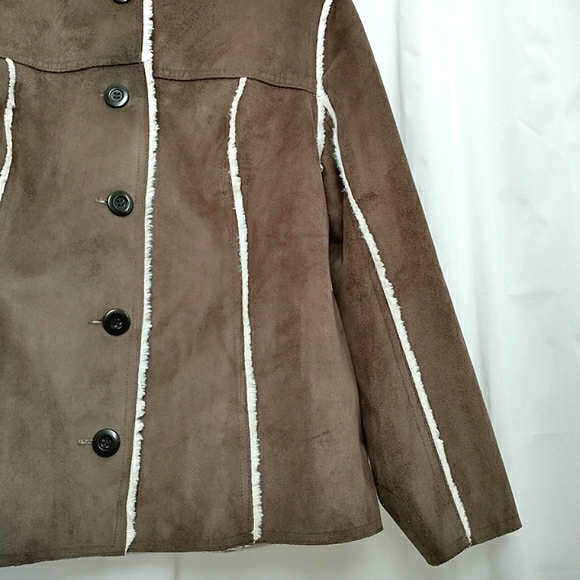 J. Jill Faux Suede Shearling Lined Penny Lane Dk Taupe Button Up Jacket - Picture 3 of 9